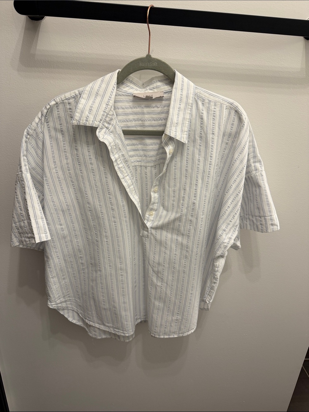 LOFT White Short-Sleeve Button-Down with Light Blue Stripes
